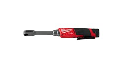 a red and black cordless ratchet with 'Milwaukee Fuel' written in white letters on the handle